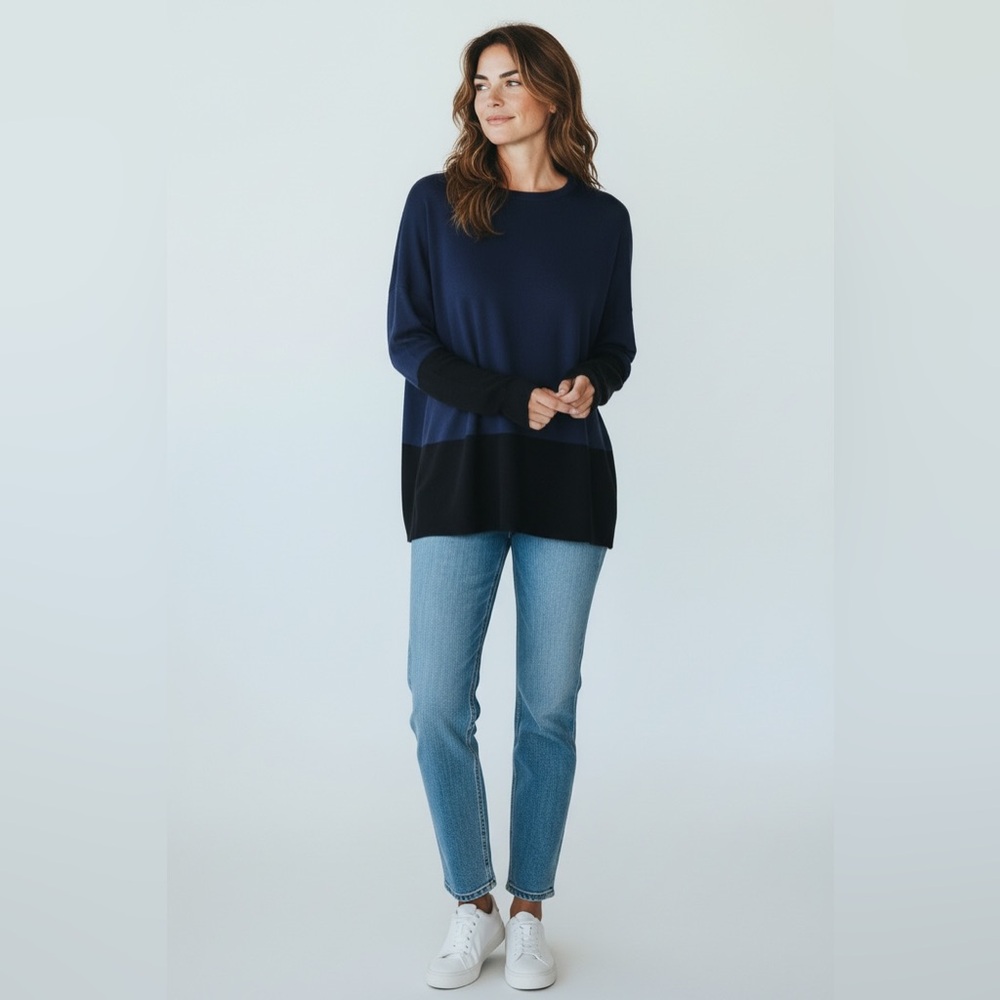 Loft Long Sleeve Navy & Black Colorblock Tunic Size Small